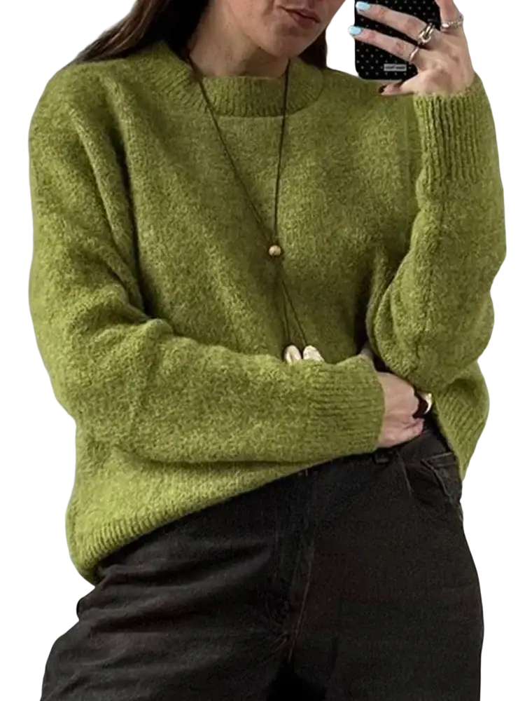 Women winter knit pullover sweater in soft olive green fuzzy knit with round neckline and ribbed cuffs