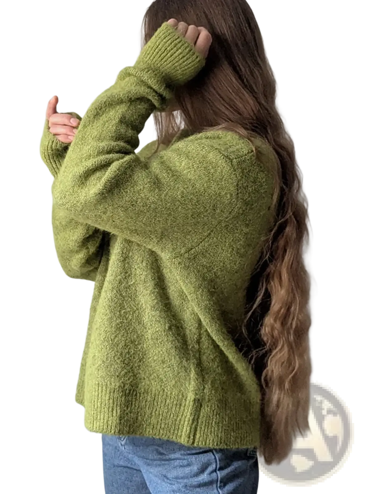 Women winter knit pullover sweater in soft olive green fuzzy textured fabric with ribbed cuffs and hem