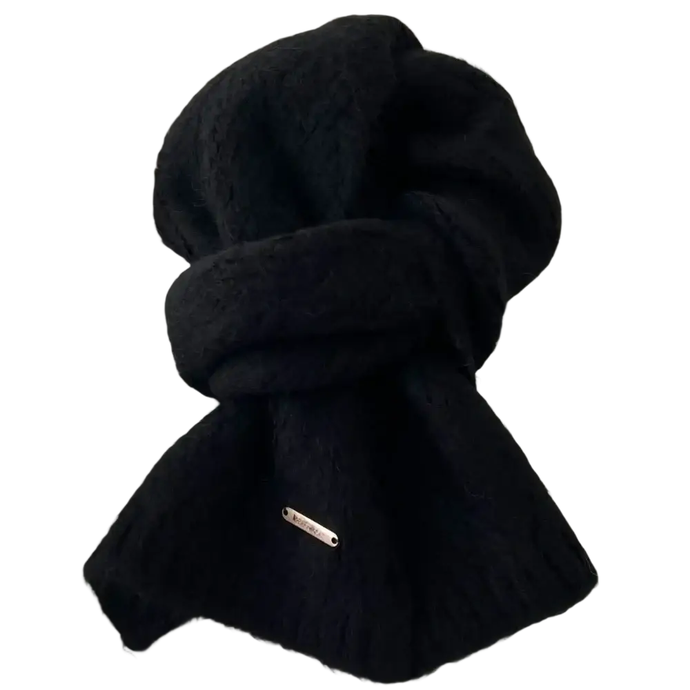 Black chunky knit women winter scarf with soft fuzzy texture and small metallic tag for warm neck comfort
