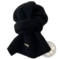 Black chunky knit women winter scarf with soft fuzzy texture and small metallic tag for warm neck comfort