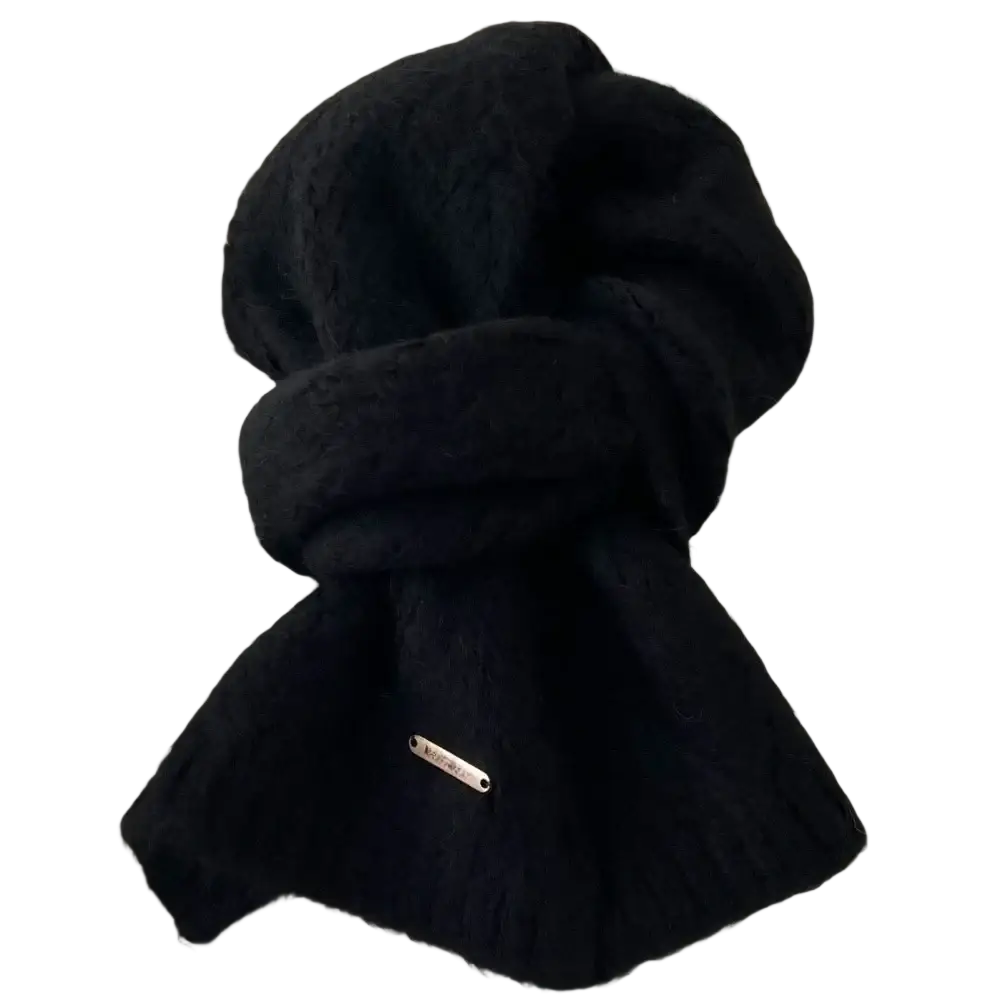 Black women winter knit scarf with soft fuzzy texture and small metallic tag for warm neck warming and shawl use