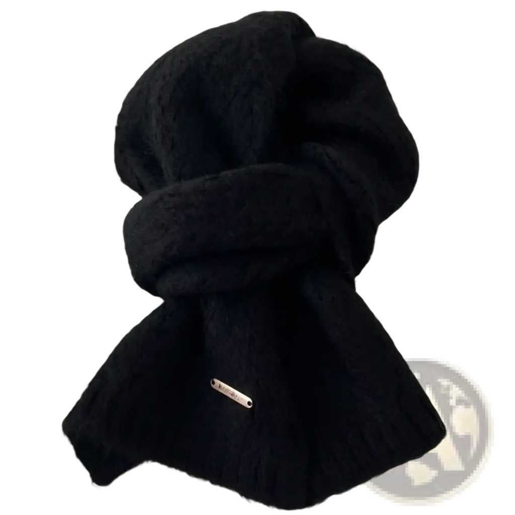 Black women winter knit scarf with soft fuzzy texture and small metallic tag for warm neck warming and shawl use