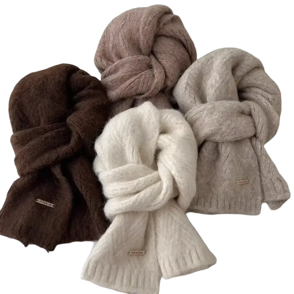 A cozy women winter knit neck warmer scarf in soft brown beige and cream with chunky ribbed texture
