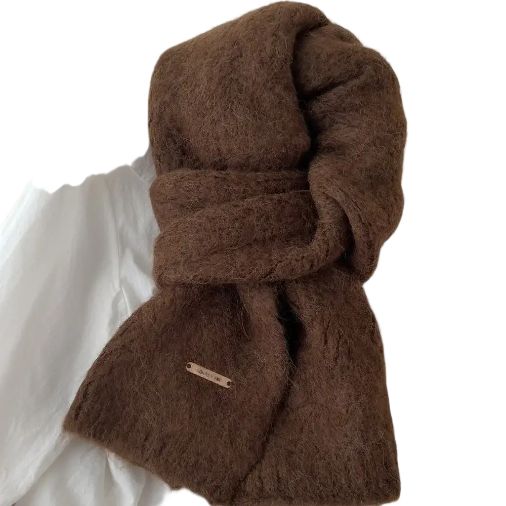 Women winter knit scarf with chunky brown faux fur texture and a small metallic tag for warm neck comfort