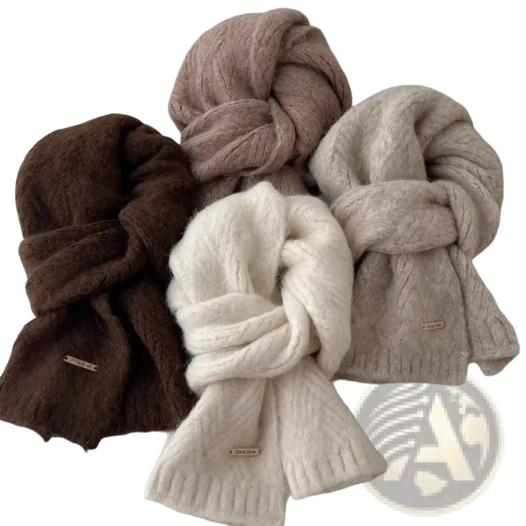 Cozy women winter knit scarf warm neck warmer shawl in chunky knit with ribbed edges in brown beige and cream tones