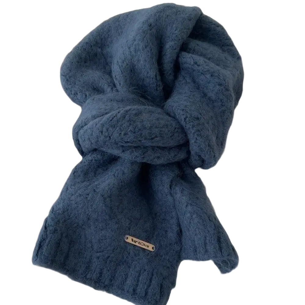 A cozy deep blue women winter knit scarf with soft fuzzy texture and subtle ribbed pattern for warmth