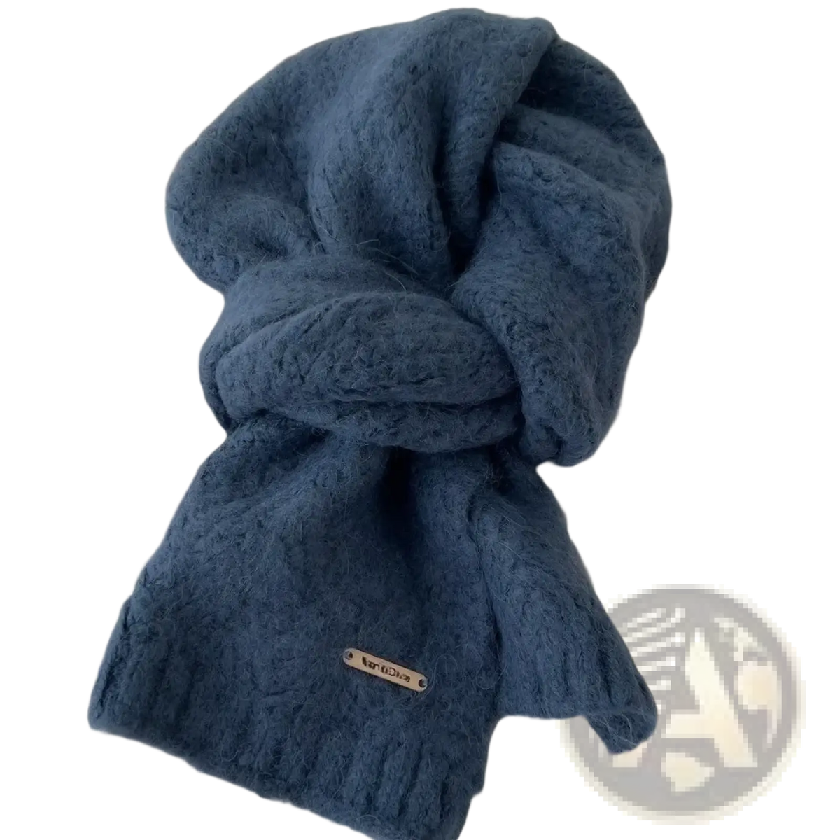 A cozy deep blue women winter knit scarf with soft fuzzy texture and subtle ribbed pattern for warmth