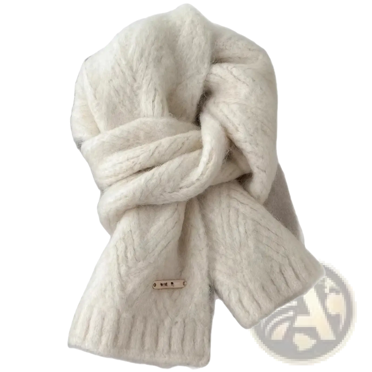 Cream-colored thickly knitted cable-knit scarf with ribbed edge and metallic tag for women winter warmth and style