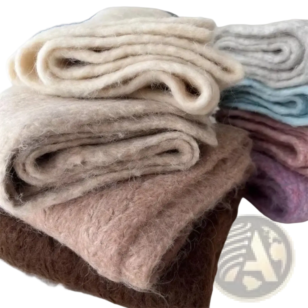 Stack of soft fluffy woolen socks in neutral cream beige and mauve tones complementing women winter knit scarf warm neck warmer shawl