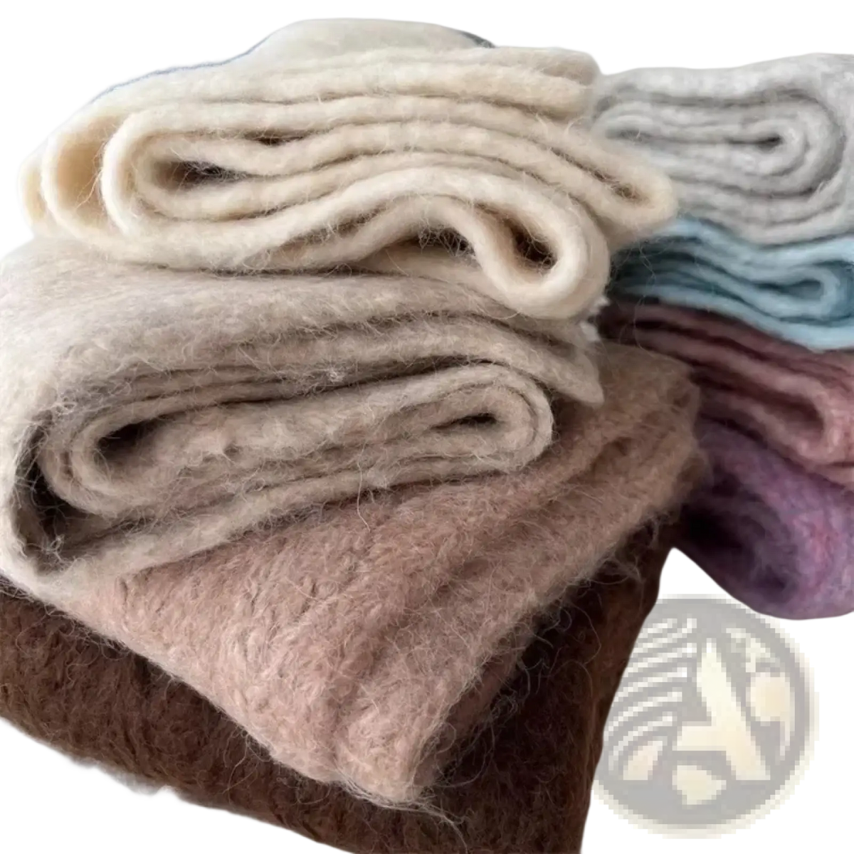 Stack of soft fluffy woolen socks in neutral cream beige and mauve tones complementing women winter knit scarf warm neck warmer shawl