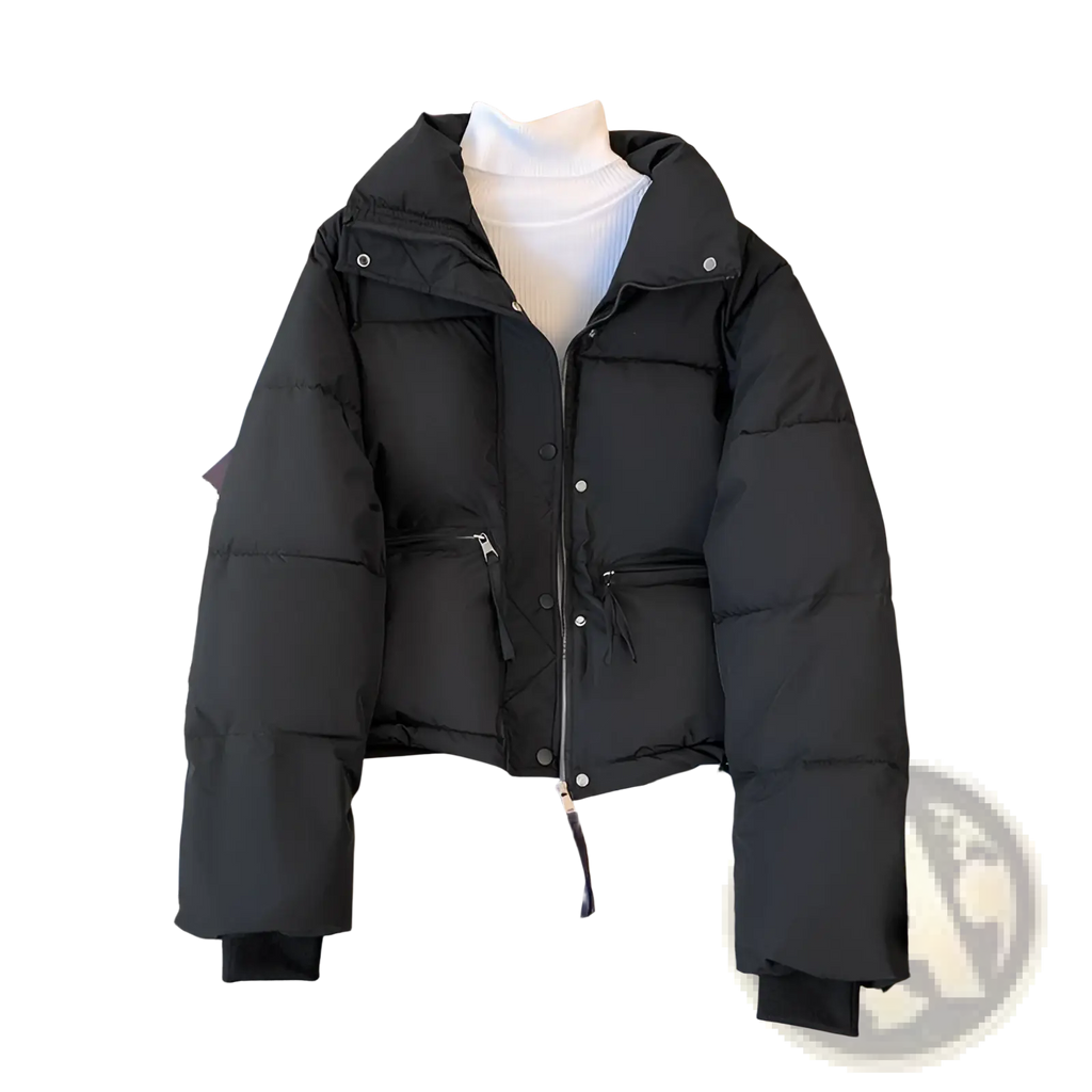 Black women winter padded cotton outerwear jacket with hood front zipper closure and two side pockets