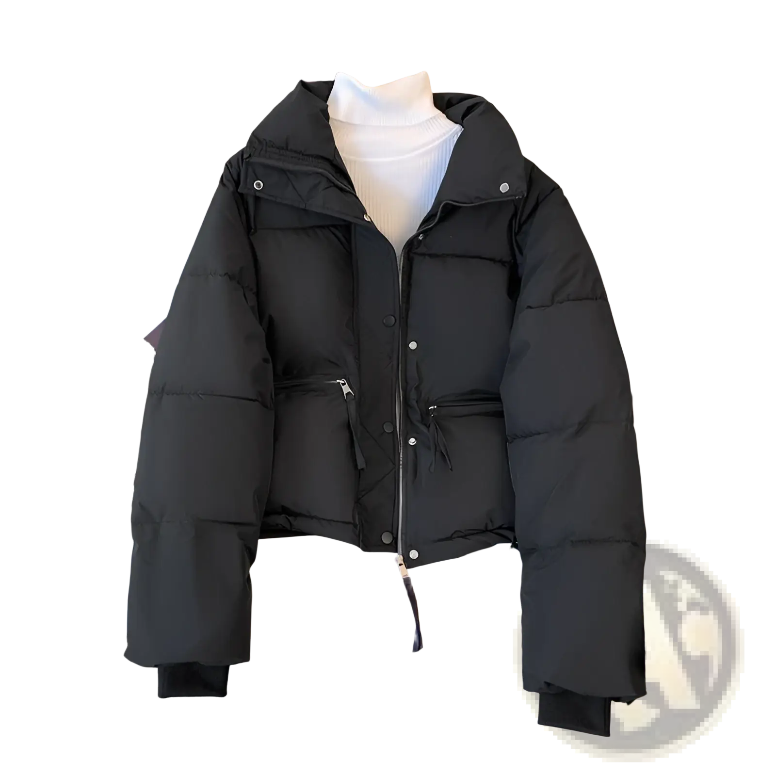 Black women winter padded cotton outerwear jacket with hood front zipper closure and two side pockets