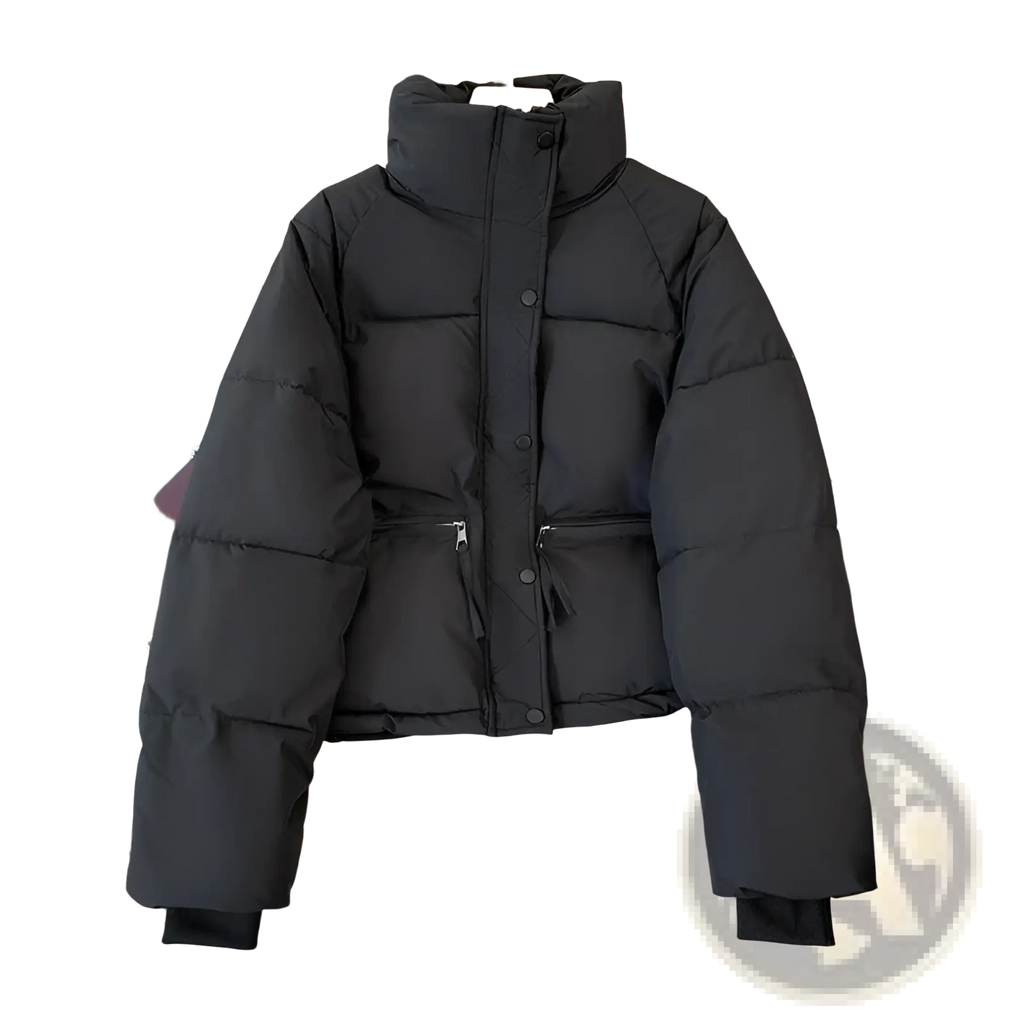 Women winter padded cotton outerwear jacket in black with high collar, front button closure, and side pockets