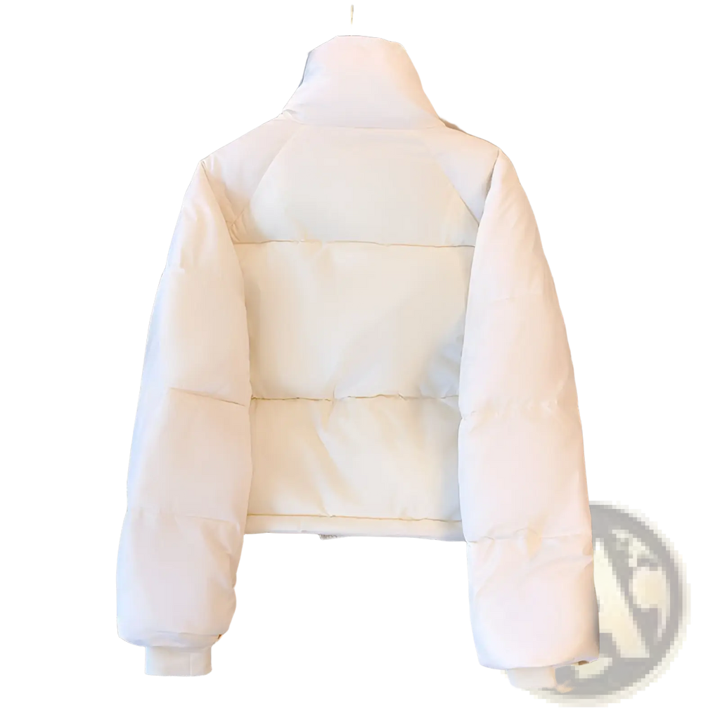 Cream-colored quilted puffer jacket with high collar and long sleeves women winter padded cotton outerwear jacket
