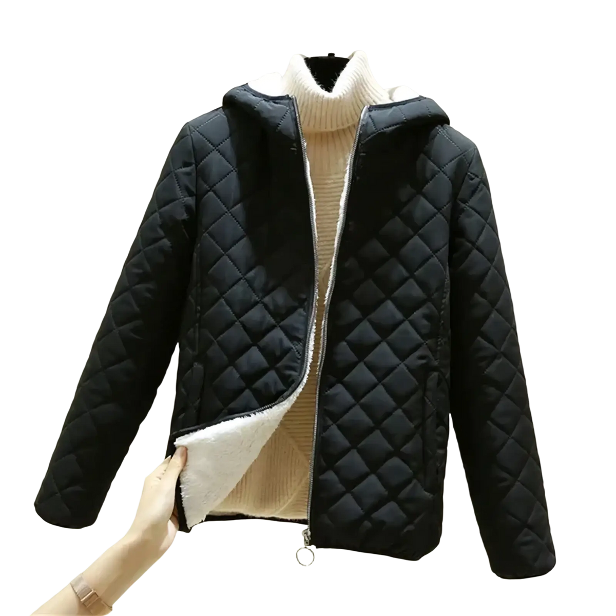 Black quilted women winter padded hooded parka jacket with plush white interior lining for cold weather use