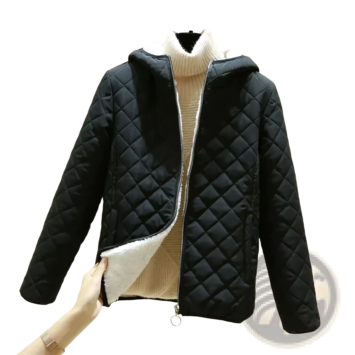 Women winter padded hooded parka jacket in black quilted fabric with white fleece lining and ribbed knit turtleneck