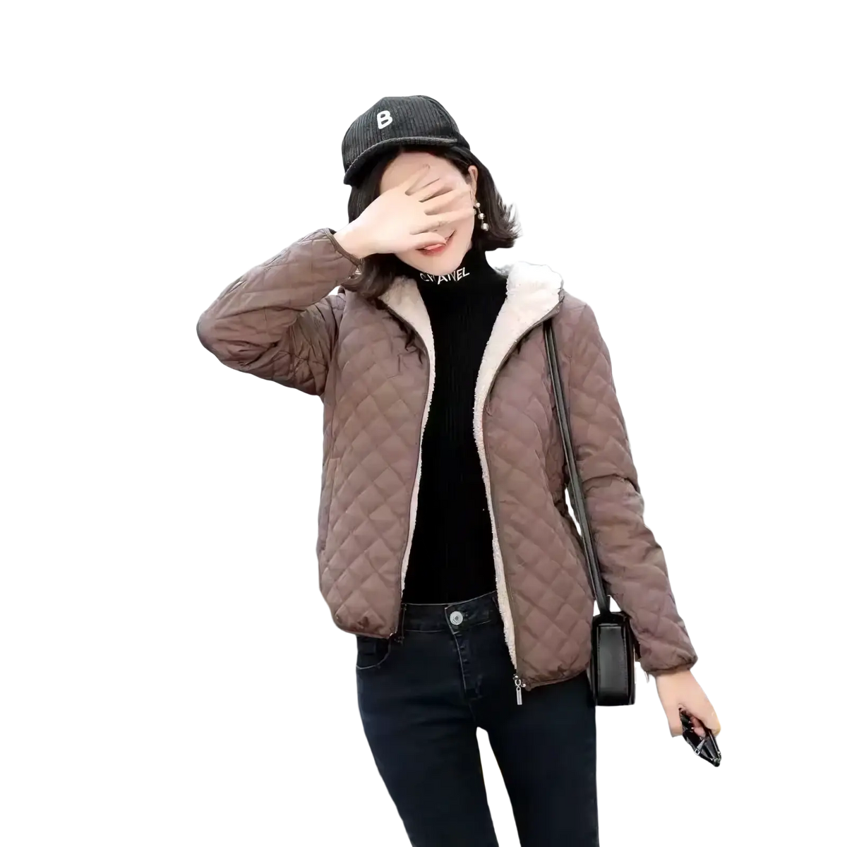Brown quilted puffer jacket with plush white shearling collar for women winter padded hooded parka jacket