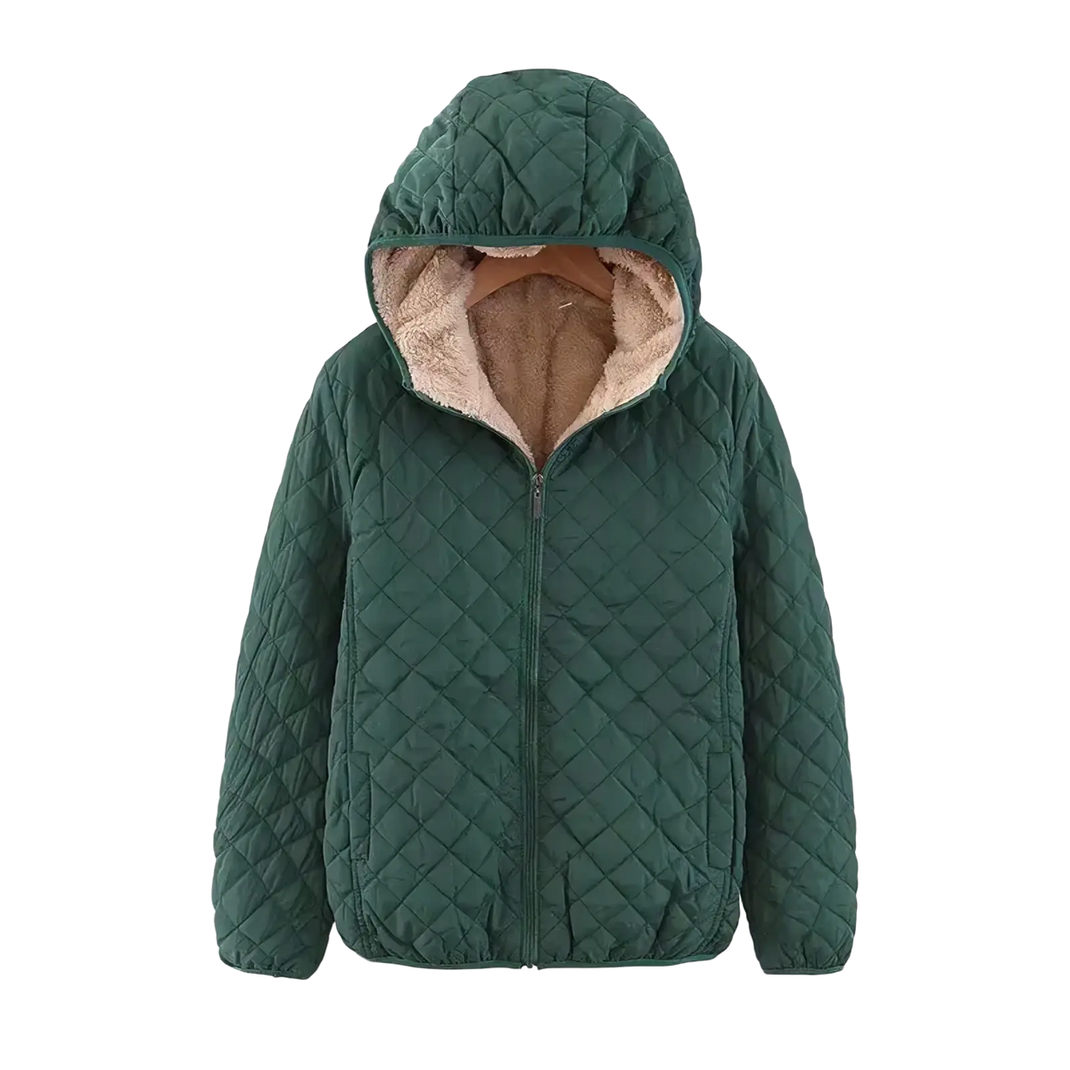 Women winter padded hooded parka jacket in dark green quilted fabric with plush beige lining for cold weather use