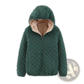 Women winter padded hooded parka jacket in dark green quilted fabric with plush beige lining for cold weather use