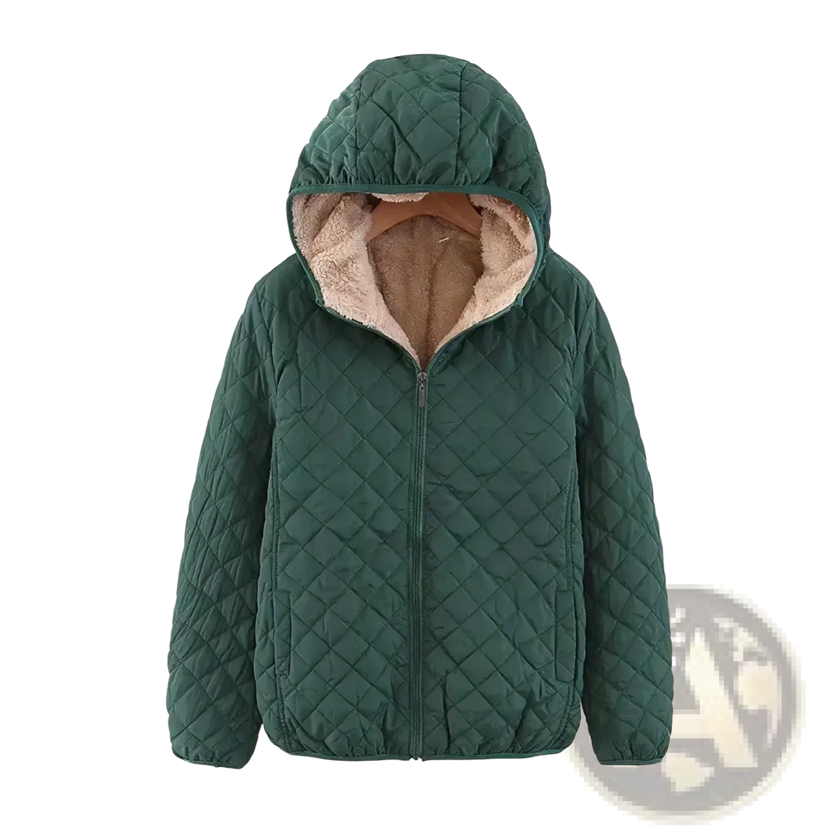 Women winter padded hooded parka jacket in dark green quilted fabric with plush beige lining for cold weather use