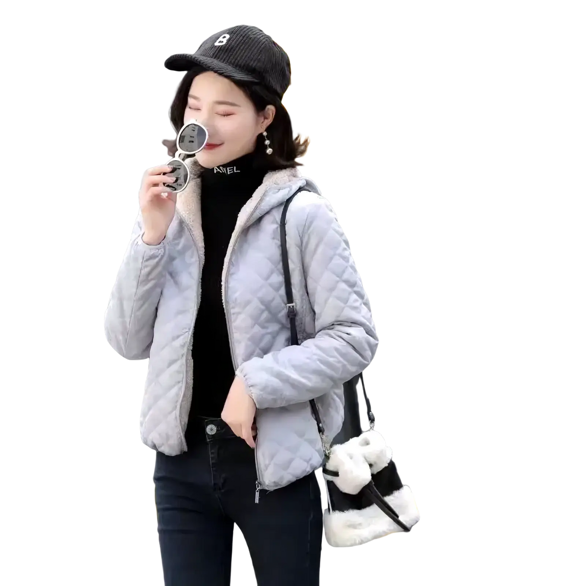 Light gray quilted women winter padded hooded parka jacket with soft fleece-lined hood and inner lining