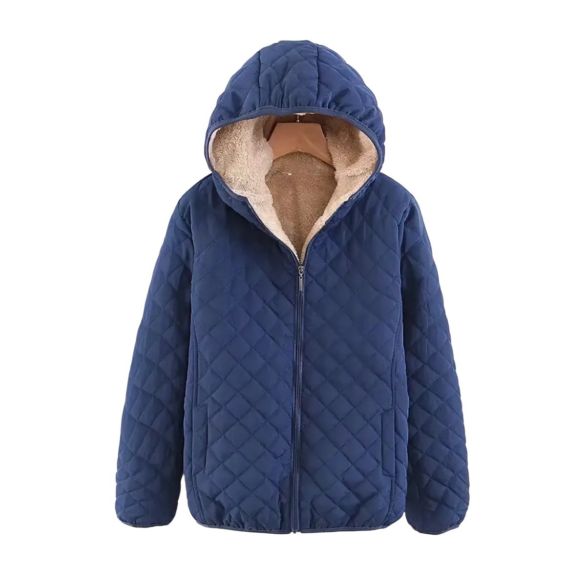 Navy blue women winter padded hooded parka jacket with quilted exterior and plush beige fleece lining