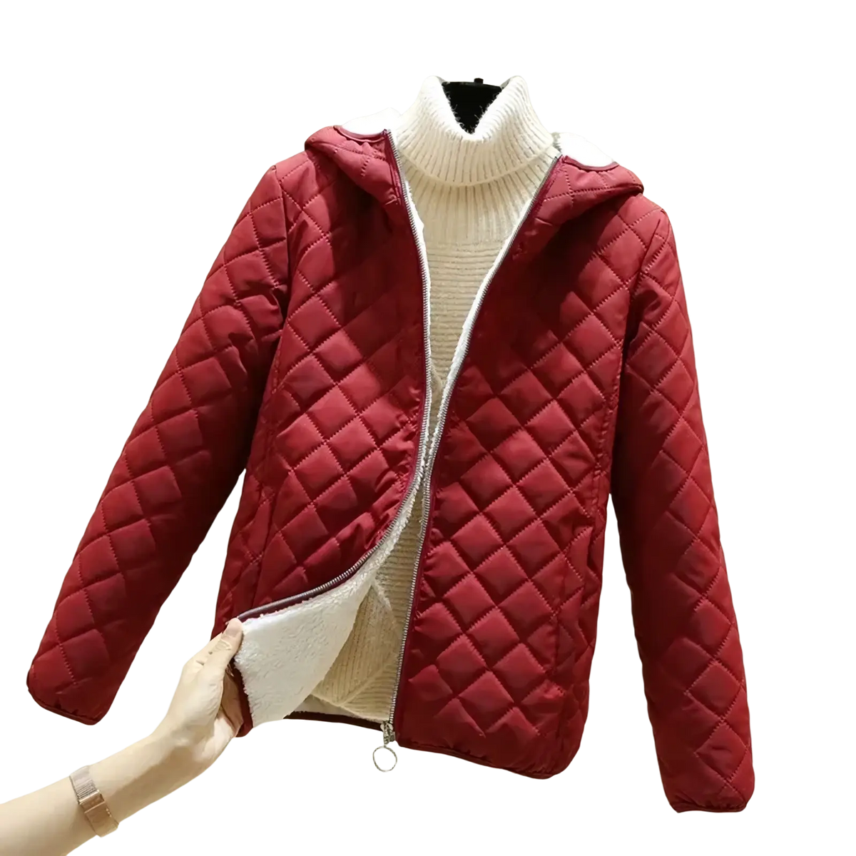 Women winter padded hooded parka jacket in red quilted fabric with white fleece lining and matching turtleneck sweater