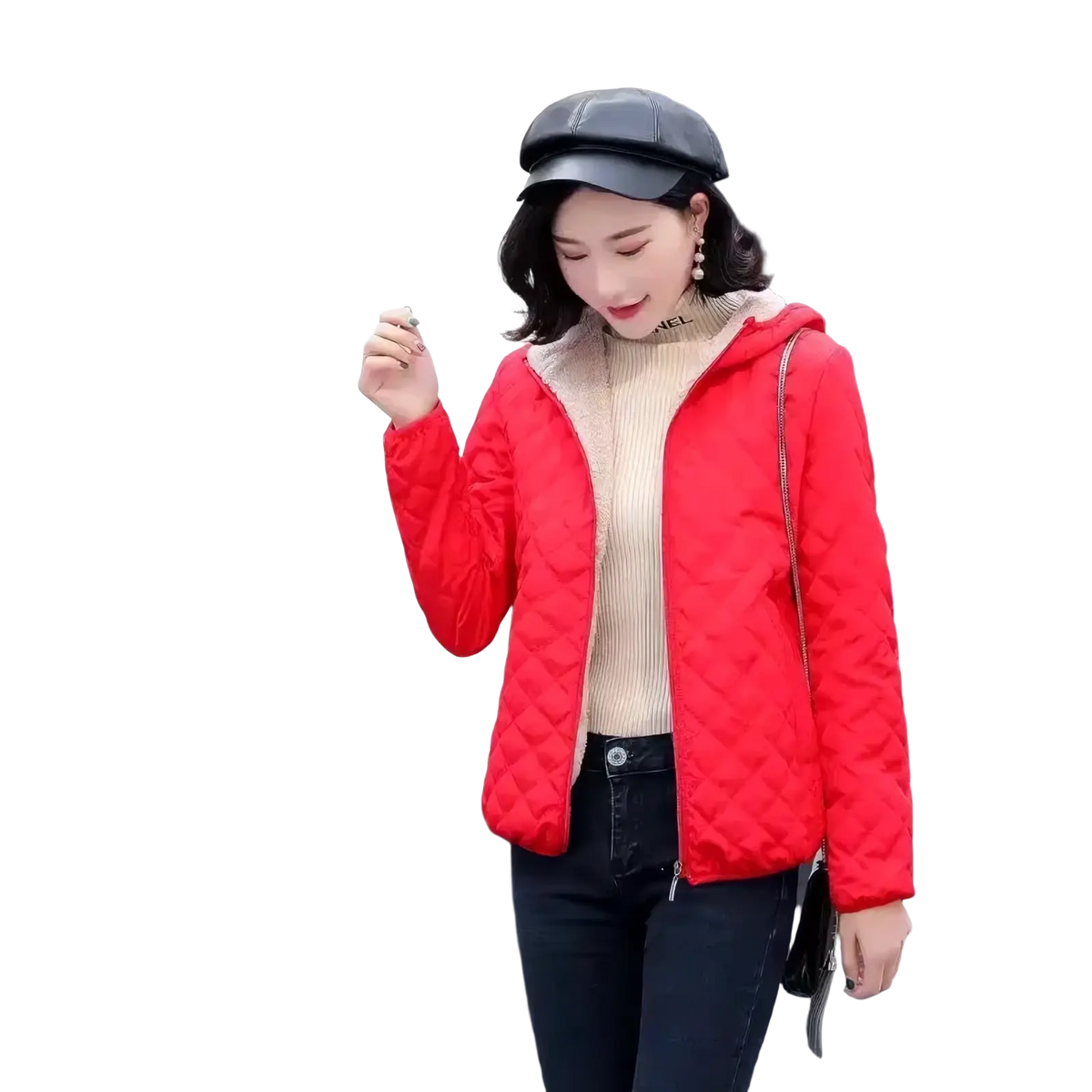 Women winter padded hooded parka jacket in red quilted fabric with beige fleece lining for cold weather use