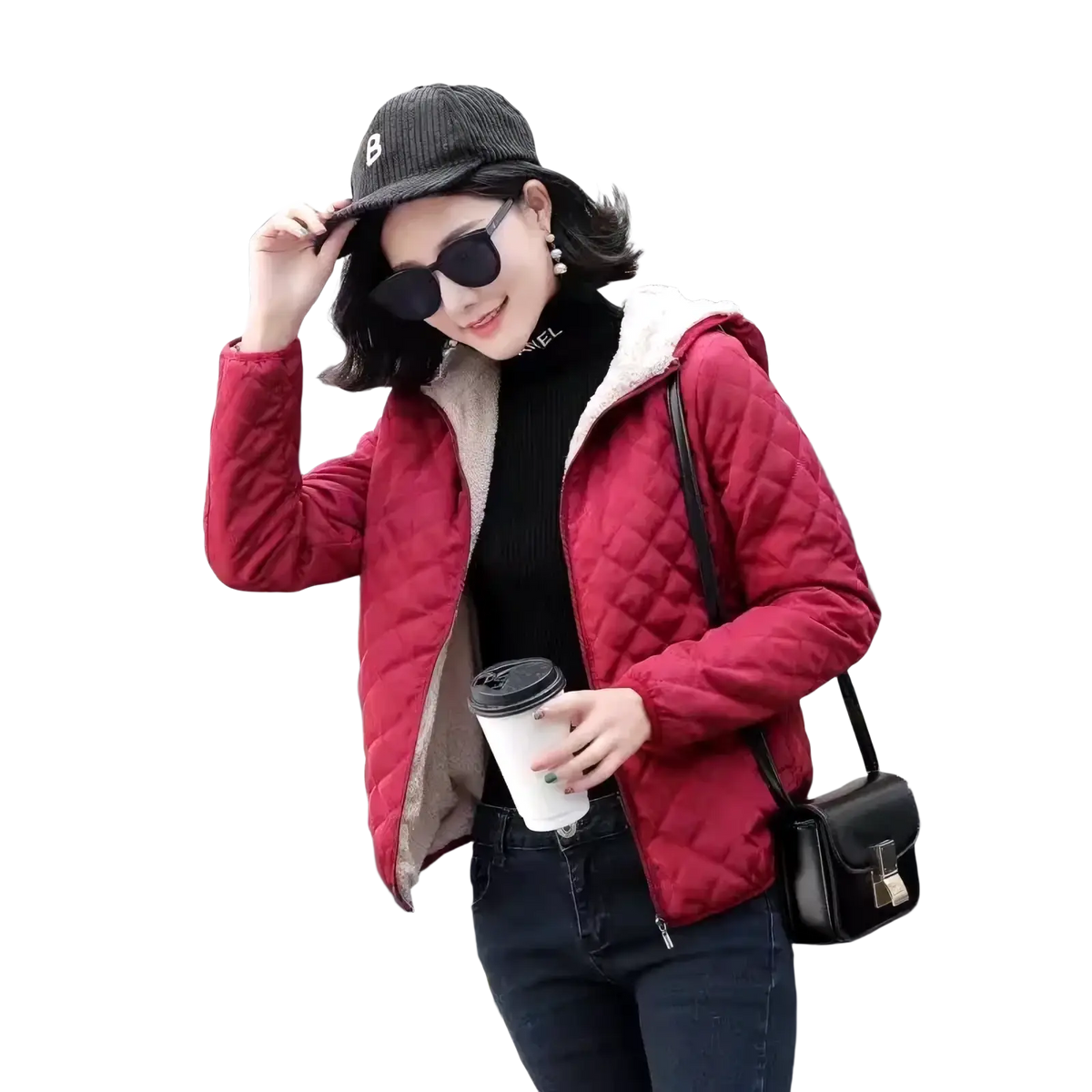 Women winter padded hooded parka jacket in red quilted puffer style with white shearling-lined hood