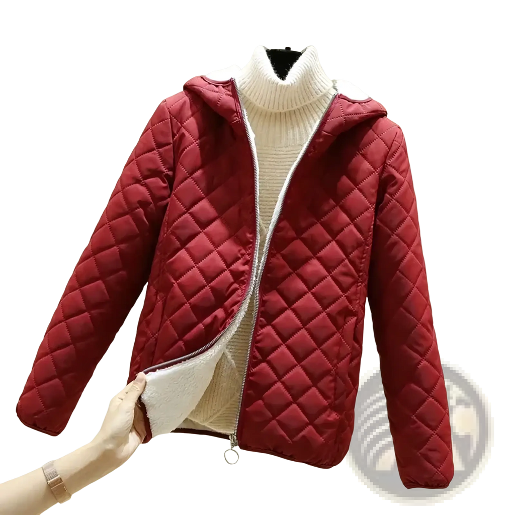 Women winter padded hooded parka jacket in red quilted fabric with white fleece lining and matching turtleneck sweater