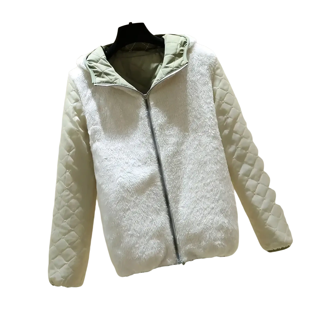 Women winter padded hooded parka jacket in white quilted faux fur with soft texture and diamond stitching on sleeves
