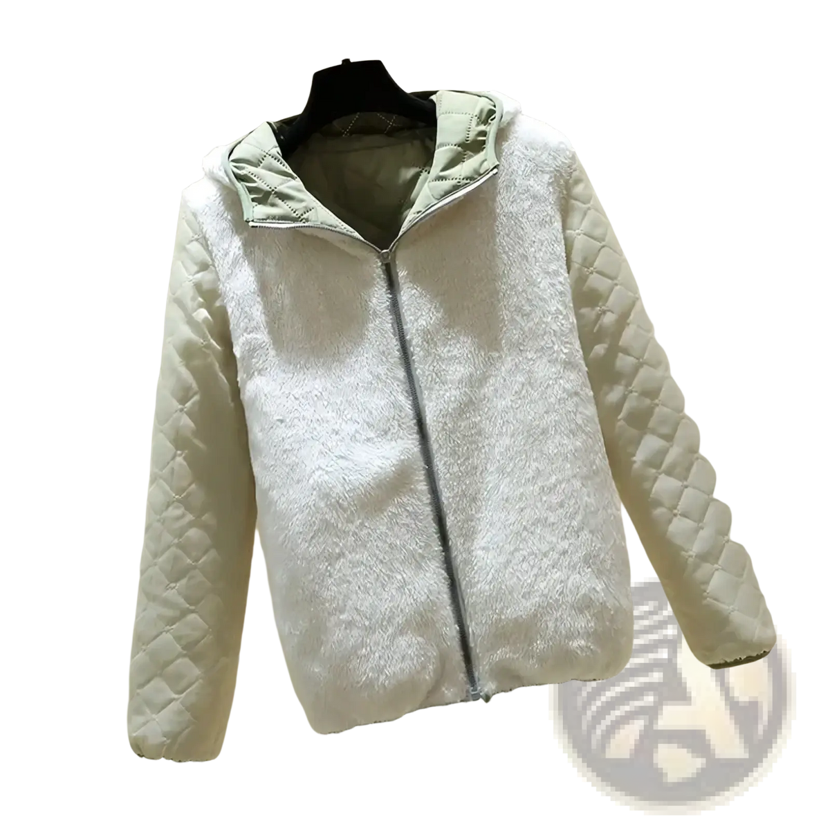 Women winter padded hooded parka jacket in white quilted faux fur with soft texture and diamond stitching on sleeves