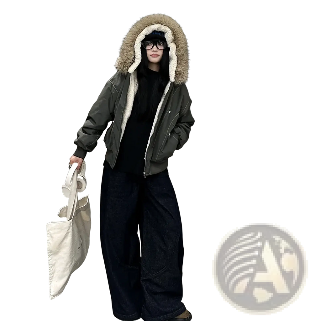 Women winter padded jacket in olive green with plush light brown fur-lined hood and white shearling interior