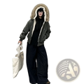 Women winter padded jacket in olive green with plush light brown fur-lined hood and white shearling interior