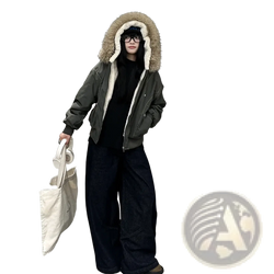 Women winter padded jacket in olive green with plush light brown fur-lined hood and white shearling interior