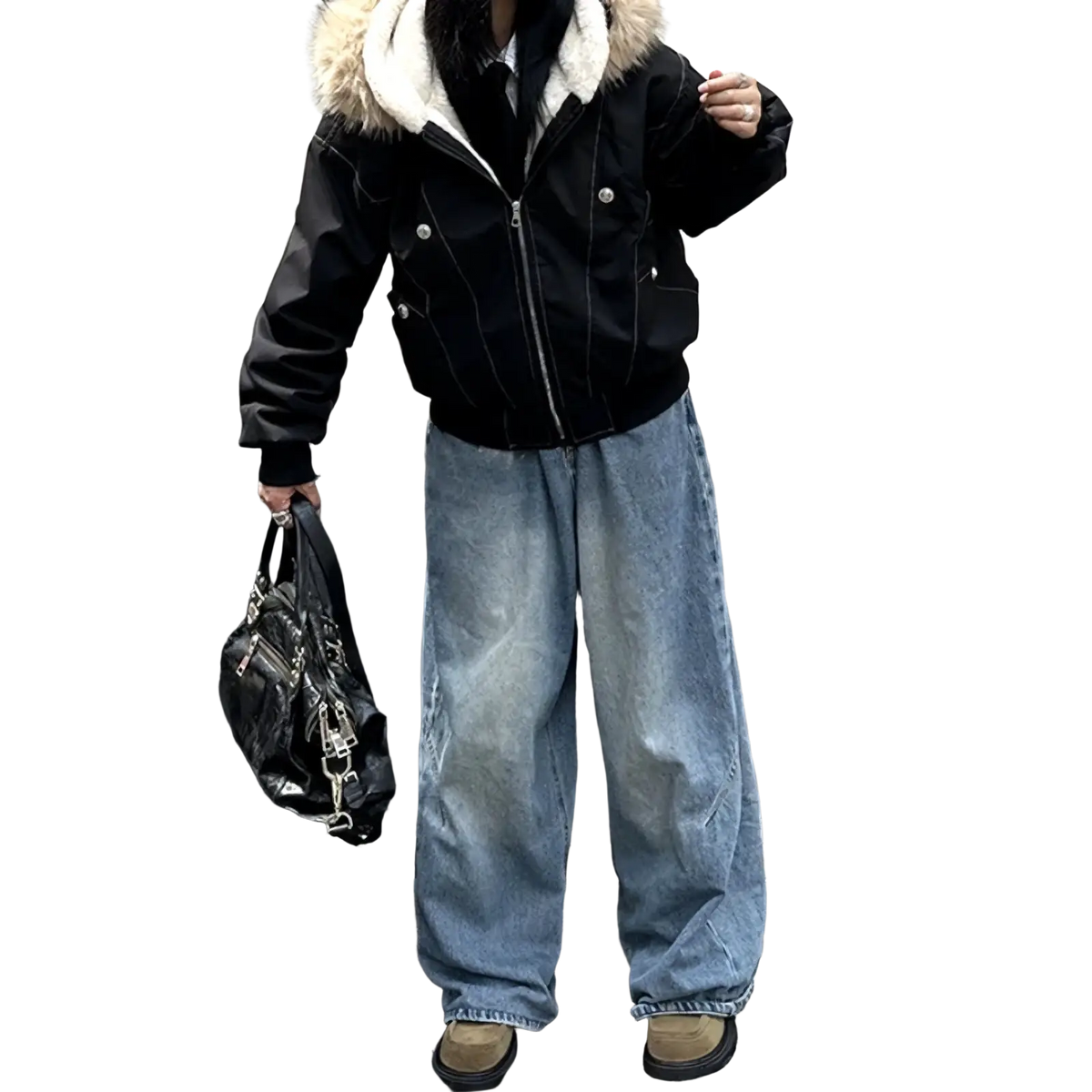 Black women winter padded jacket with white fur-lined hood designed for warmth and style