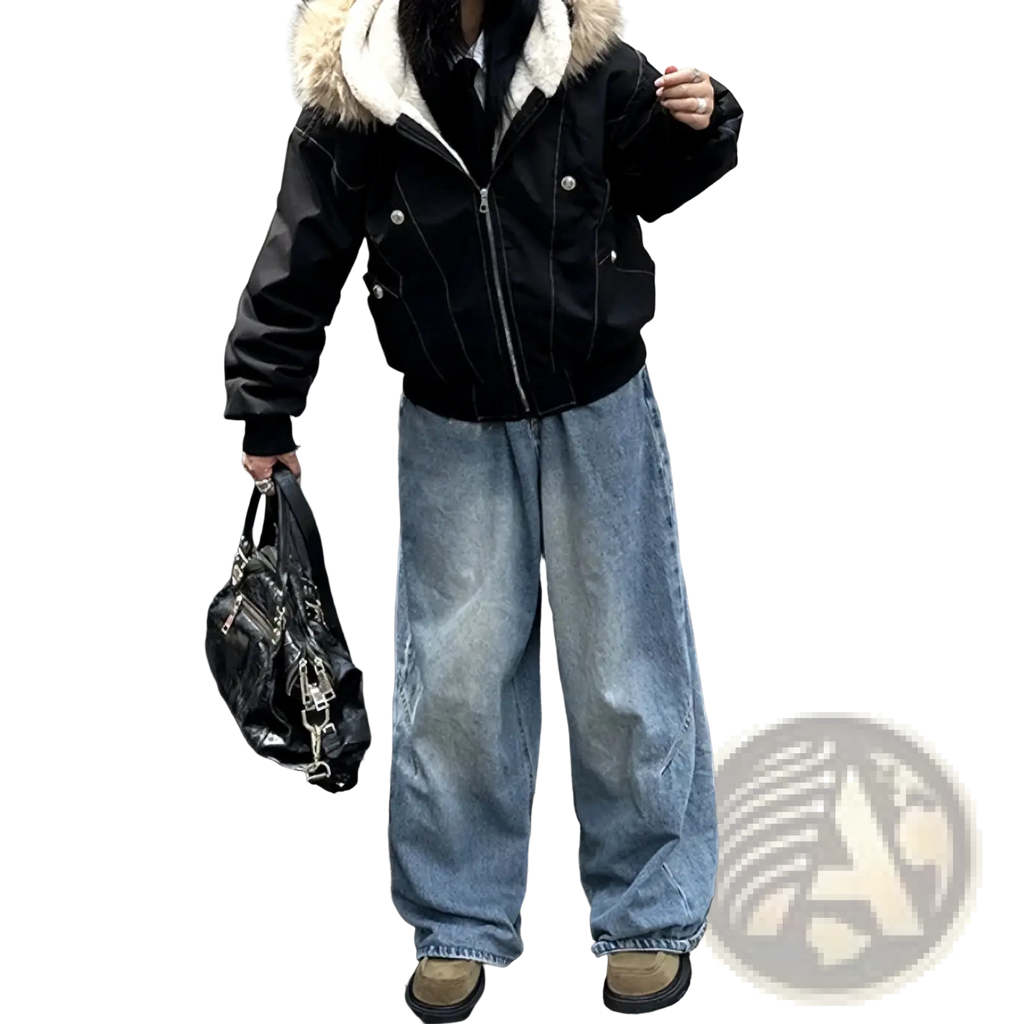 Black women winter padded jacket with white fur-lined hood designed for warmth and style