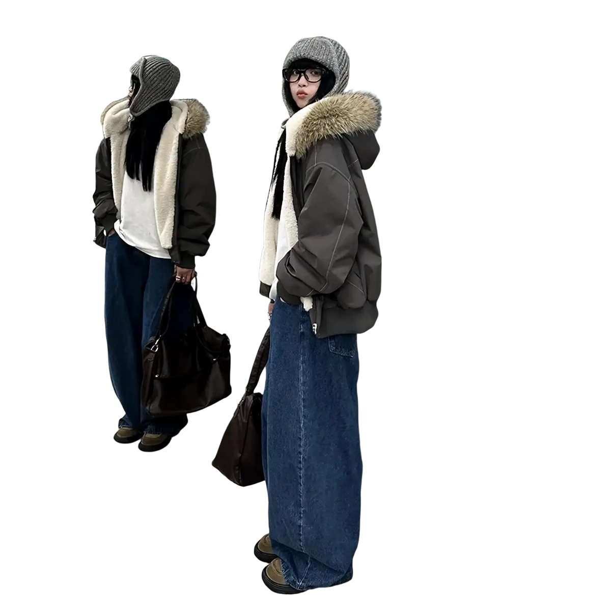 Women winter padded jacket in dark gray with plush white shearling lining and tan fur-trimmed hood for cold weather