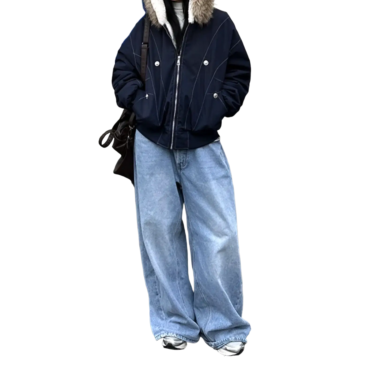 Navy blue women winter padded bomber jacket with fur-lined hood and white stitching details for cold weather