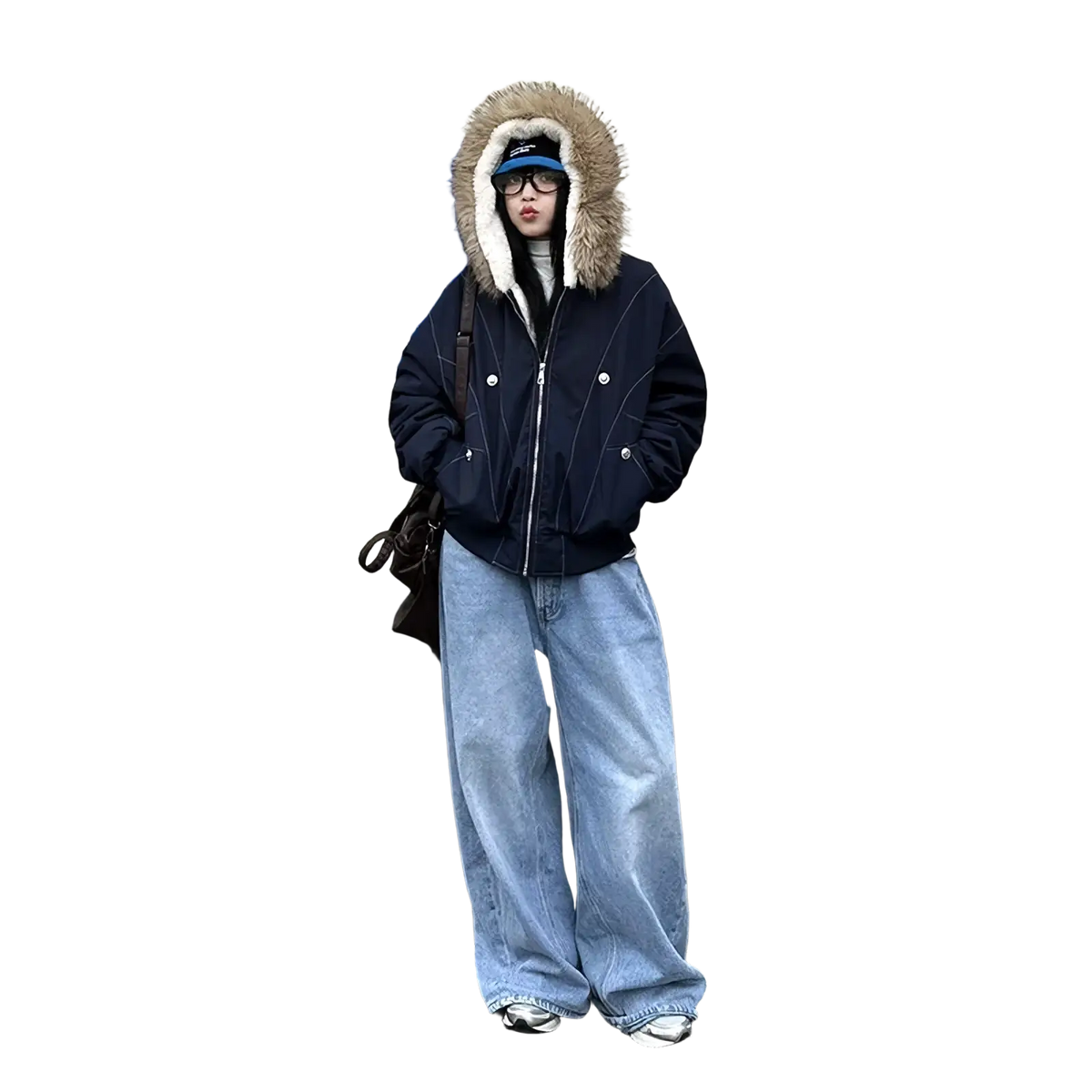 Women winter padded jacket in navy blue with a plush tan fur-lined hood and silver-toned buttons for cold weather