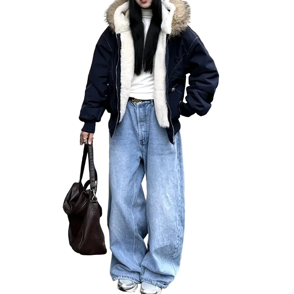 Women winter padded navy blue puffer jacket with plush white shearling-lined hood and fur trim for cold weather