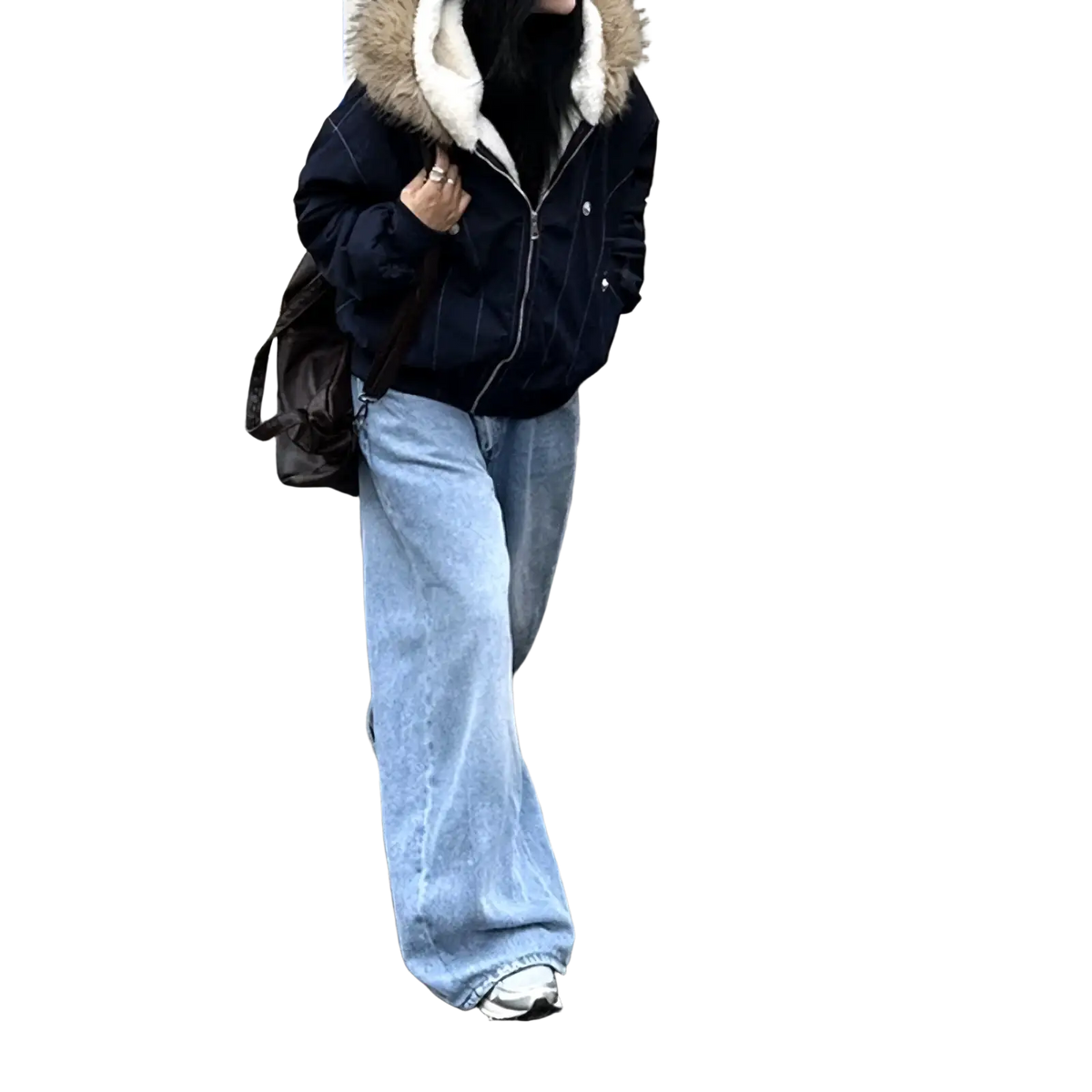 Women winter padded jacket in navy blue with plush white fur-lined hood for cold weather protection