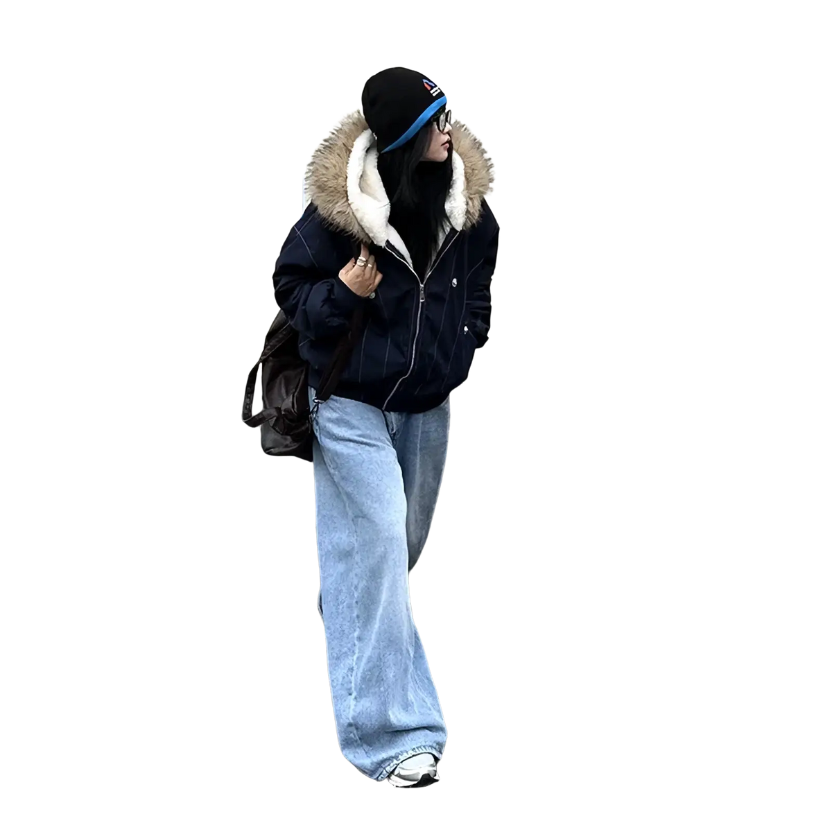 Women winter padded jacket in navy blue with a plush white and tan fur-lined hood for cold weather use