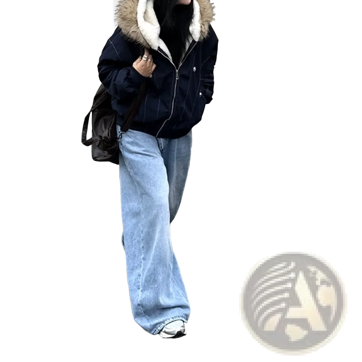 Women winter padded jacket in navy blue with plush white fur-lined hood for cold weather protection