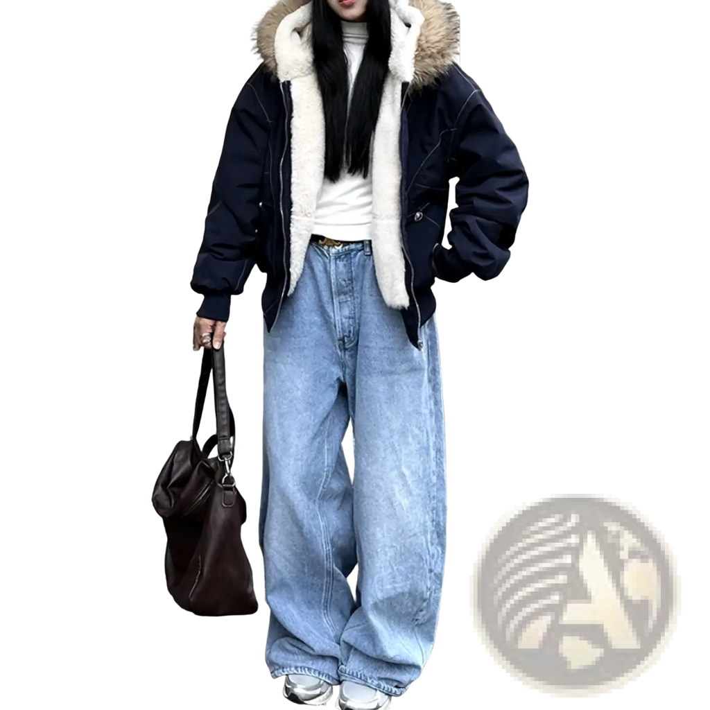 Women winter padded navy blue puffer jacket with plush white shearling-lined hood and fur trim for cold weather