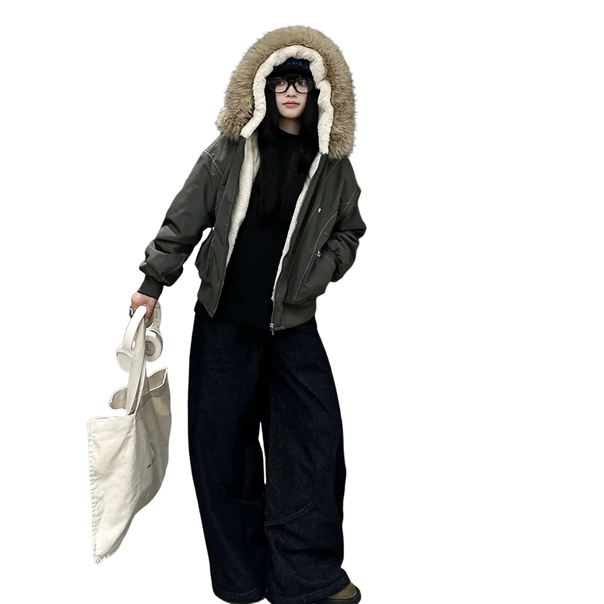 Women winter padded jacket in olive green with plush light brown fur-lined hood and white shearling interior