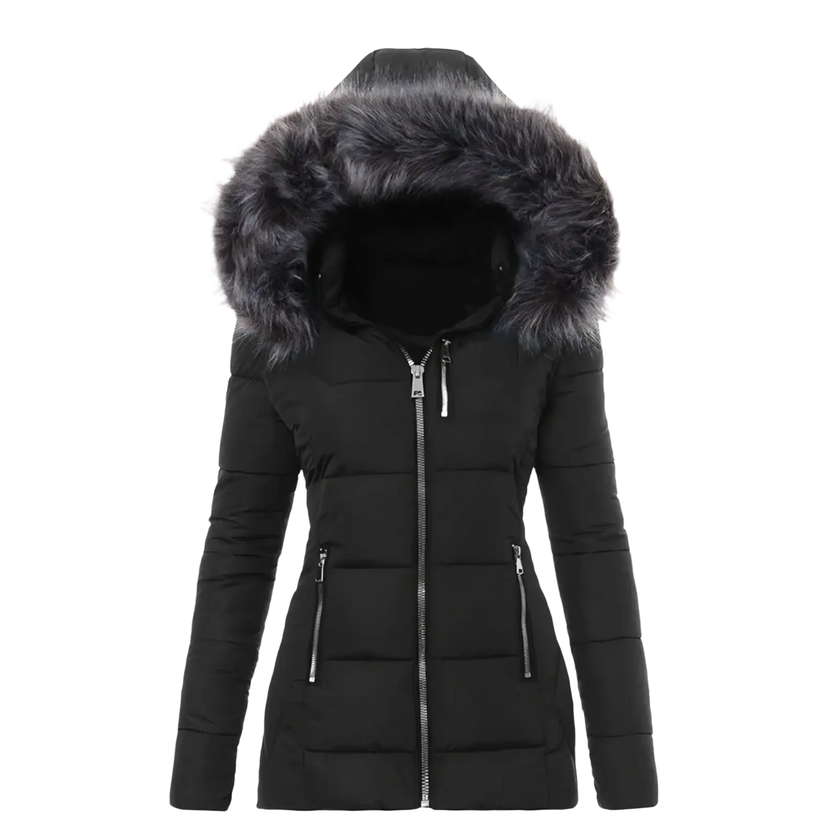 Women winter parka black puffer jacket with plush gray fur hood silver zippers cotton padded coat for cold weather