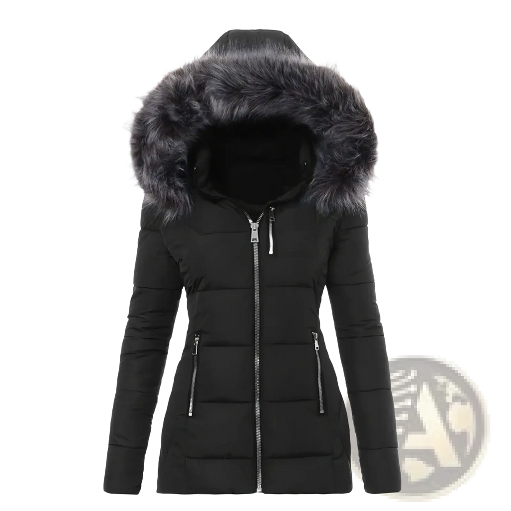 Women winter parka black puffer jacket with plush gray fur hood silver zippers cotton padded coat for cold weather
