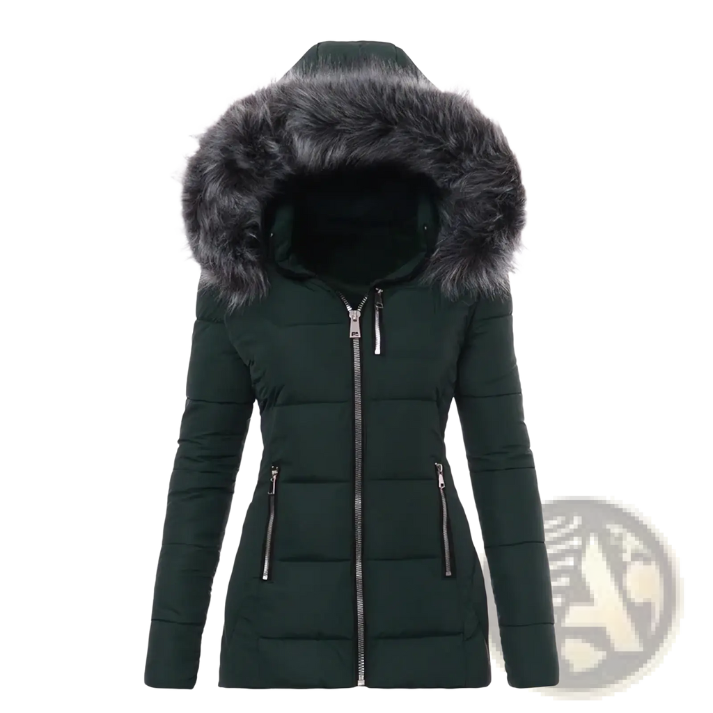 Women winter parka dark green quilted cotton padded coat with plush gray fur-lined hood and silver zippers