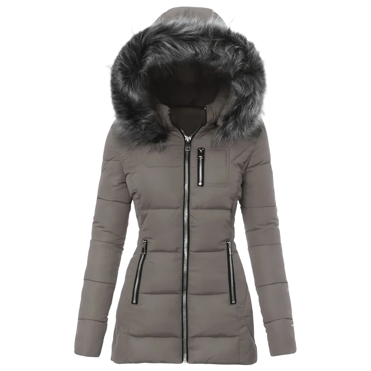 Women winter parka gray puffer coat with plush dark gray fur-lined hood black zippers cotton padded for cold weather
